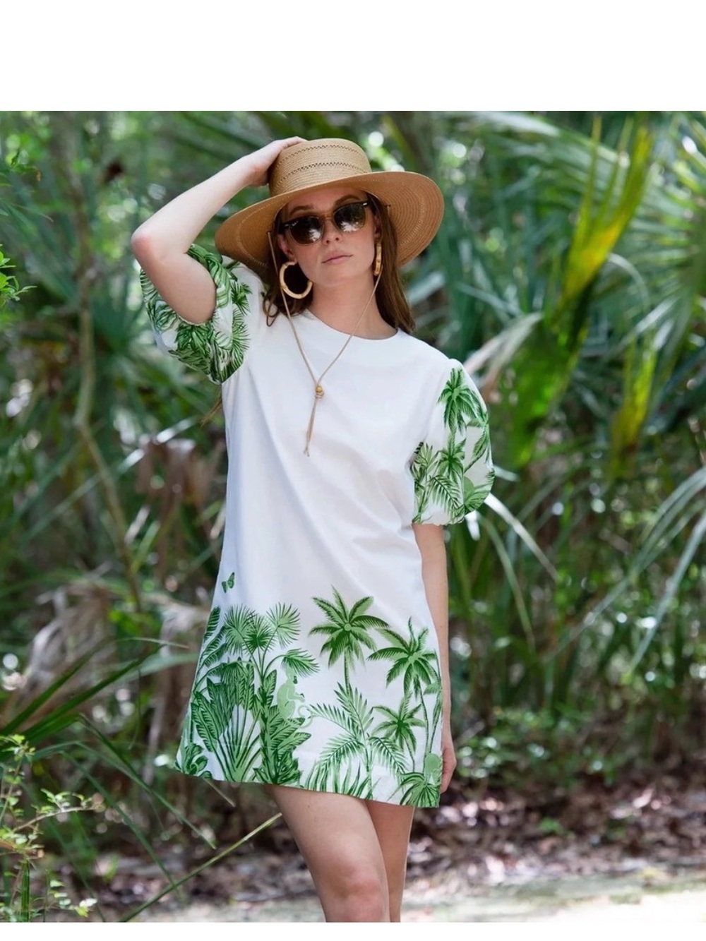Olivia James The Label Louisa Jungle Agave Dress White & Green Butterfly Monkey